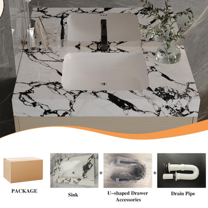 KEIKI 29.9" Bathroom Vanity with Undermount Sink Combo, Modern Floating Vanity Cabinet with 2 Drawers & Open Side Shelves, Storage Wall Mounted Cabinet for Small Space, Apricot‌ Marbe
