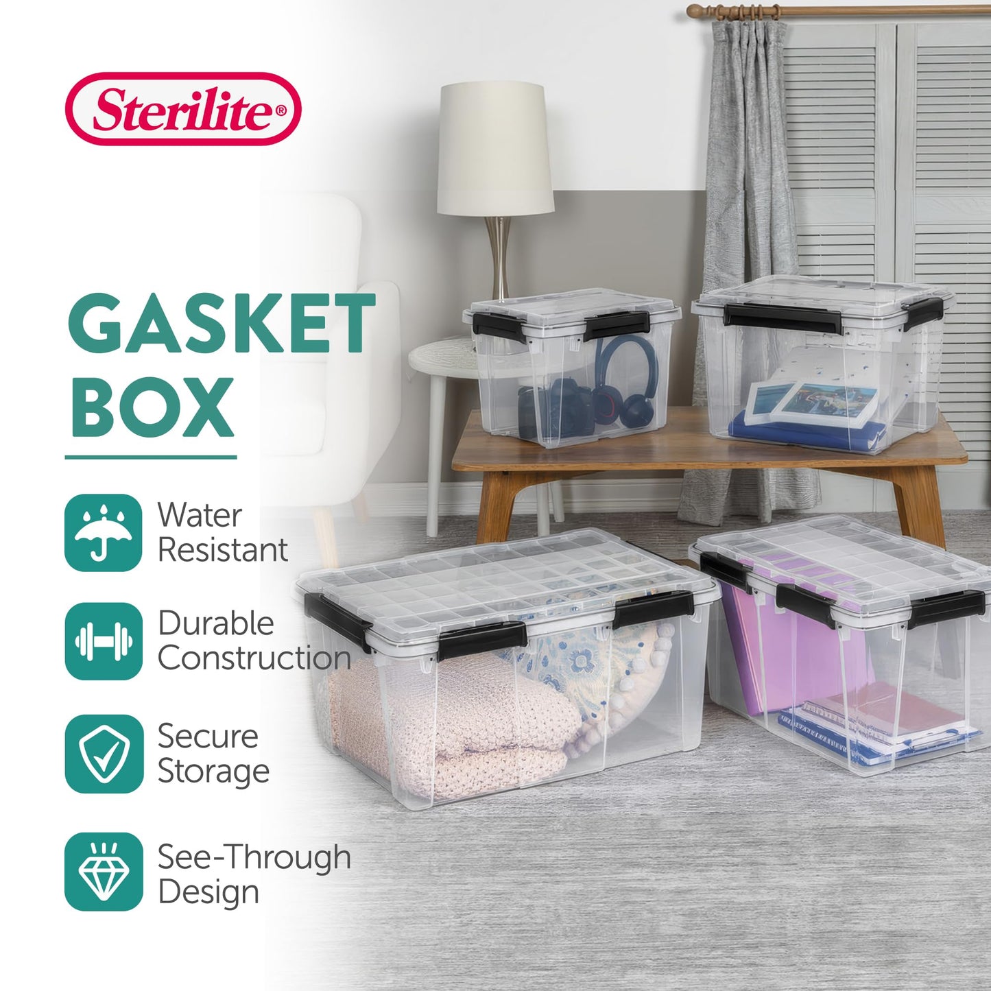 Sterilite 16 Pack 54 Qt Gasket Box, Clear Stackable Plastic Storage Container with Lids, Black - Waterproof and Dustproof Tote for Home Organization