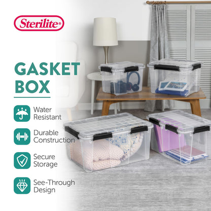 Sterilite 16 Pack 54 Qt Gasket Box, Clear Stackable Plastic Storage Container with Lids, Black - Waterproof and Dustproof Tote for Home Organization