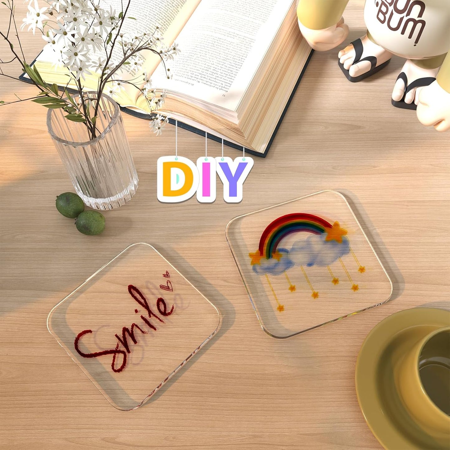 2 4'' 2 PCS Acrylic Coasters, Aesthetic Drink Coaster for Coffee Table, Clear Heat-Resistant Decorative Plates for Home