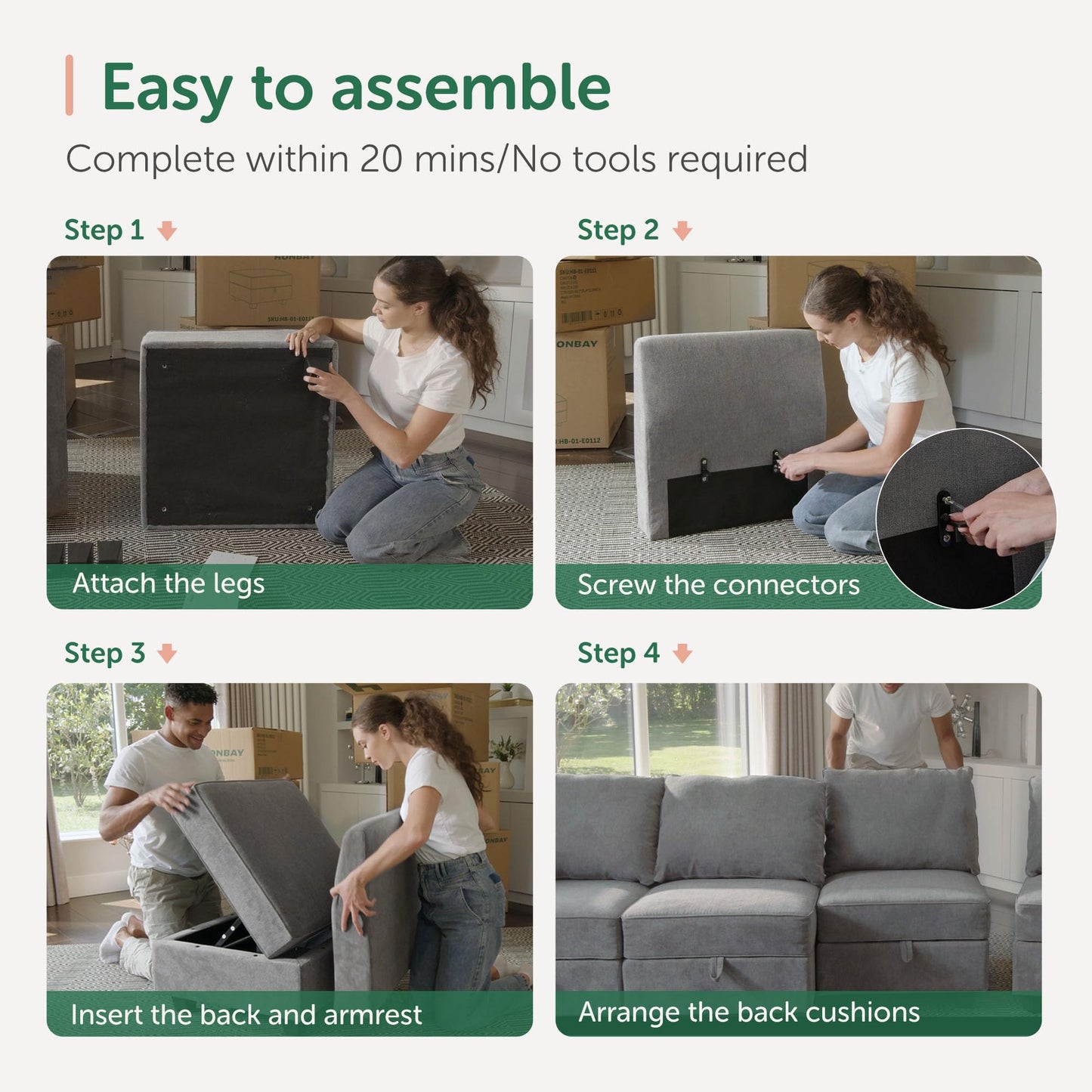 HONBAY Modular Sectional Sleeper Sofa Reversible Modular Couch with Storage Seats Modular Sleeper Sectional Sofa with Storage Ottoman, Grey