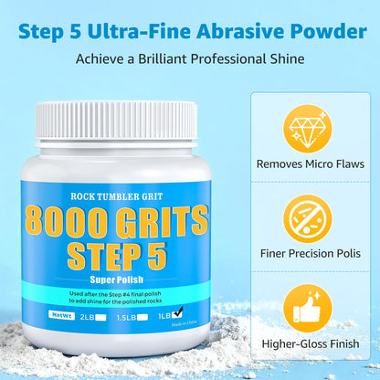 8000 Grit Aluminum Oxide Rock Tumbler Polish – Final Stage (Step 5), High Gloss Polishing Powder for Rocks, Gems, Glass & Jewelry Making, Polish Refill, 1 lb