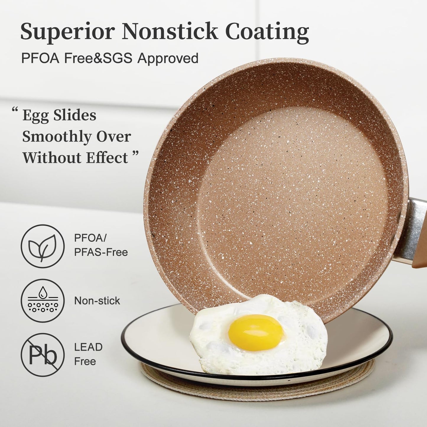 Healthy Nonstick Granite Cookware Set - 3 Pcs, Induction Skillets With Lids, PFOA Free, No Toxic Egg Omelette Frying Pan