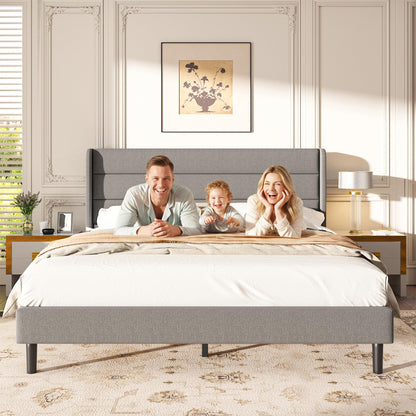 Mxhtcewz King Size Upholstered Platform Bed Frame, Modern Linen Fabric Bed with Wingback Headboard, Sturdy No Wobble, Noise-Free & Easy Assembly, No Box Spring Needed, Gray