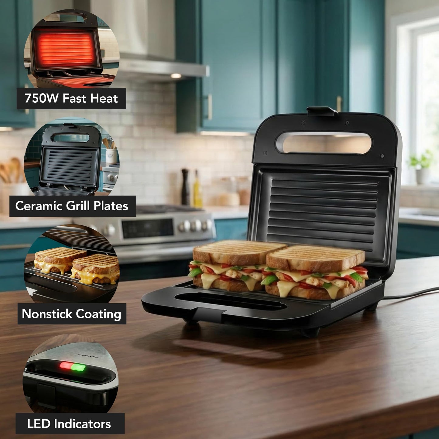 OVENTE Electric Panini Press Grill with Nonstick Plates, LED Indicator Lights, Thermostat Control, Cool Touch Handle, Compact Sandwich Maker Perfect for Cooking Breakfast, Snacks & More, Black GP0401B