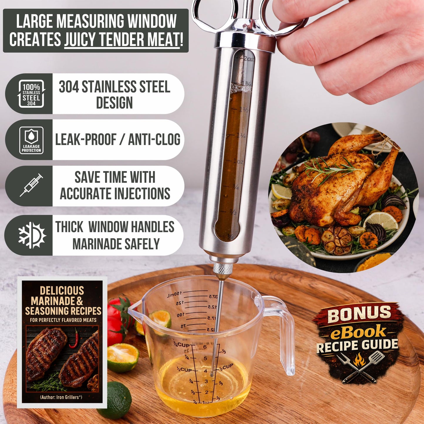 Professional Meat Injector Marinade Syringe Kit for Smoking & Grilling Turkey, Brisket & BBQ - Large 2 Oz Visible Stainless Steel Capacity - Never Leaks or Clogs + Safe Grill Cleaner & Flavor Brush