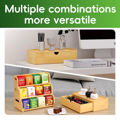 ARFETIGO Bamboo Tea Bag Organizer for Coffee Bar, 4 Tier Modular Tea Organizer with Drawer, Large Capacity Tea Storage Box, Stackable Tea Station Organizer, No Assembly, Kitchen Counter