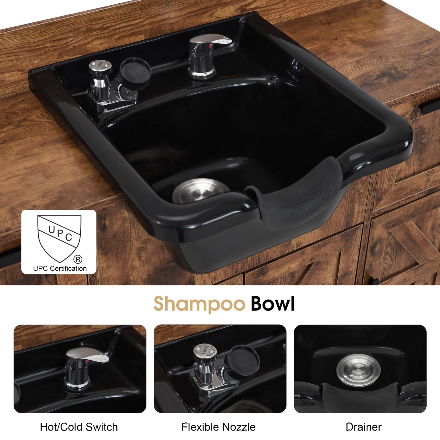 BarberPub Portable Shampoo Station, Shampoo Bowl with Cabinet & Drawer, Salon Geometric Finish Station with Sprayer Faucet, Barber Storage Equipment with Hair Wash Backwash Sink 3439 (Rust Brown)