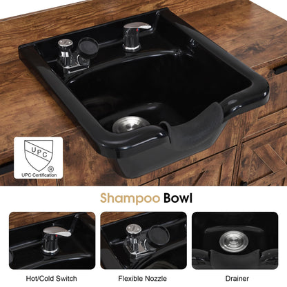 BarberPub Portable Shampoo Station, Shampoo Bowl with Cabinet & Drawer, Salon Geometric Finish Station with Sprayer Faucet, Barber Storage Equipment with Hair Wash Backwash Sink 3439 (Rust Brown)