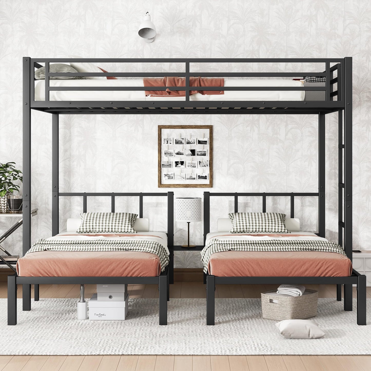 Bellemave Triple Bunk Bed for Kids, Detachable Queen Over Twin & Twin Metal Bunk Bed with Guardrails, Ladder & Storage, Converts to 3 Separate Beds, Easy to Assemble (3 Bunk Beds for Kids, Black)