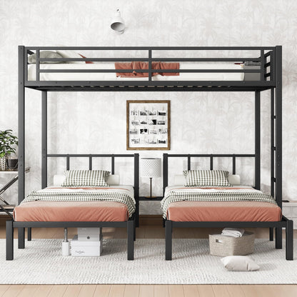 Bellemave Triple Bunk Bed for Kids, Detachable Queen Over Twin & Twin Metal Bunk Bed with Guardrails, Ladder & Storage, Converts to 3 Separate Beds, Easy to Assemble (3 Bunk Beds for Kids, Black)