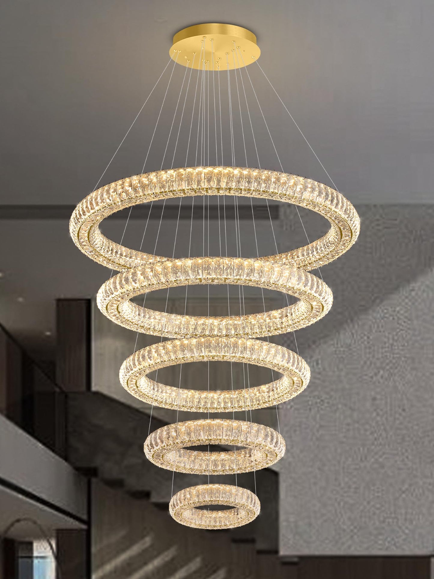 IDEQUY Large Gold Ring Chandelier for High Ceiling Modern Long Crystal Chandelier Lighting, Dimmable LED Ceiling Chandeliers,5 Ring D8‘’+15.7‘’+23.6‘’+31.5‘’+39.4''