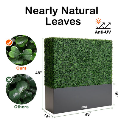 ODQPIS Artificial Boxwood Hedge Wall with Dark Grey Planter Box, Greenery Fake Faux Grass Panels Backdrop Divider 48" WX48 HX14 D