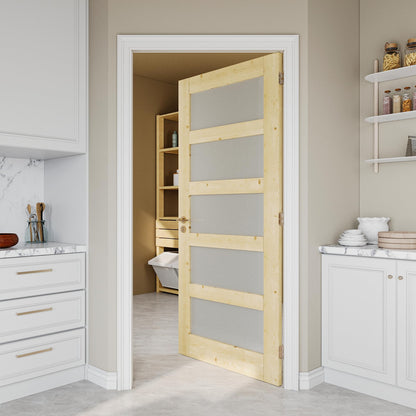 36" x 80" Pine Wood Slab Door, 5-Panel Frosted Glass Interior Doors, Single Room Door for Closet & Bedroom, Farmhouse Style as Prehung, Pocket, Bifold, Barn Doors, Easy DIY Stain, Shaker w/o Hardware