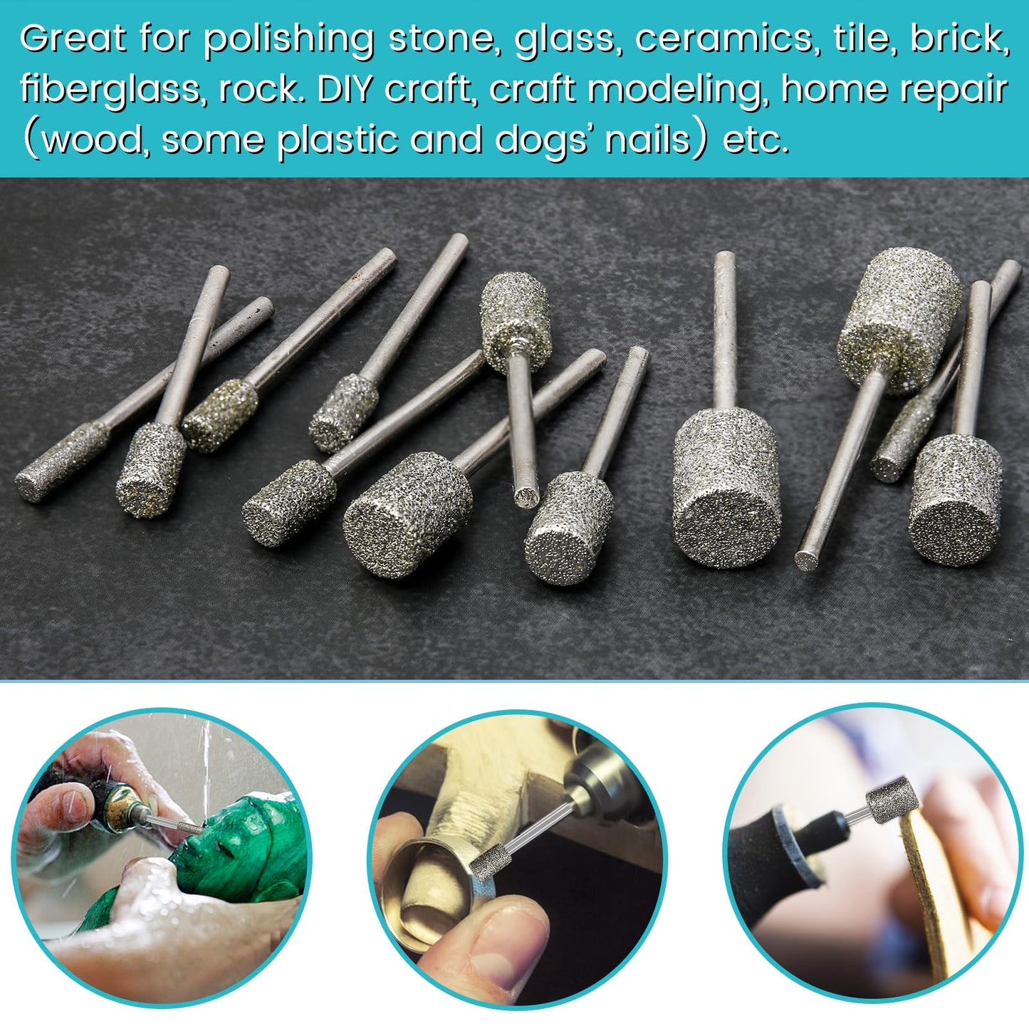 Stone Carving Set Diamond Burr Bits Compatible with Dremel, 46Grit 150Grit 24PCS Polishing Kits Rotary Tools Accessories with 1/8'' Shank for Engraving, Grinding, Stone, Rocks, Jewelry, Ceramics
