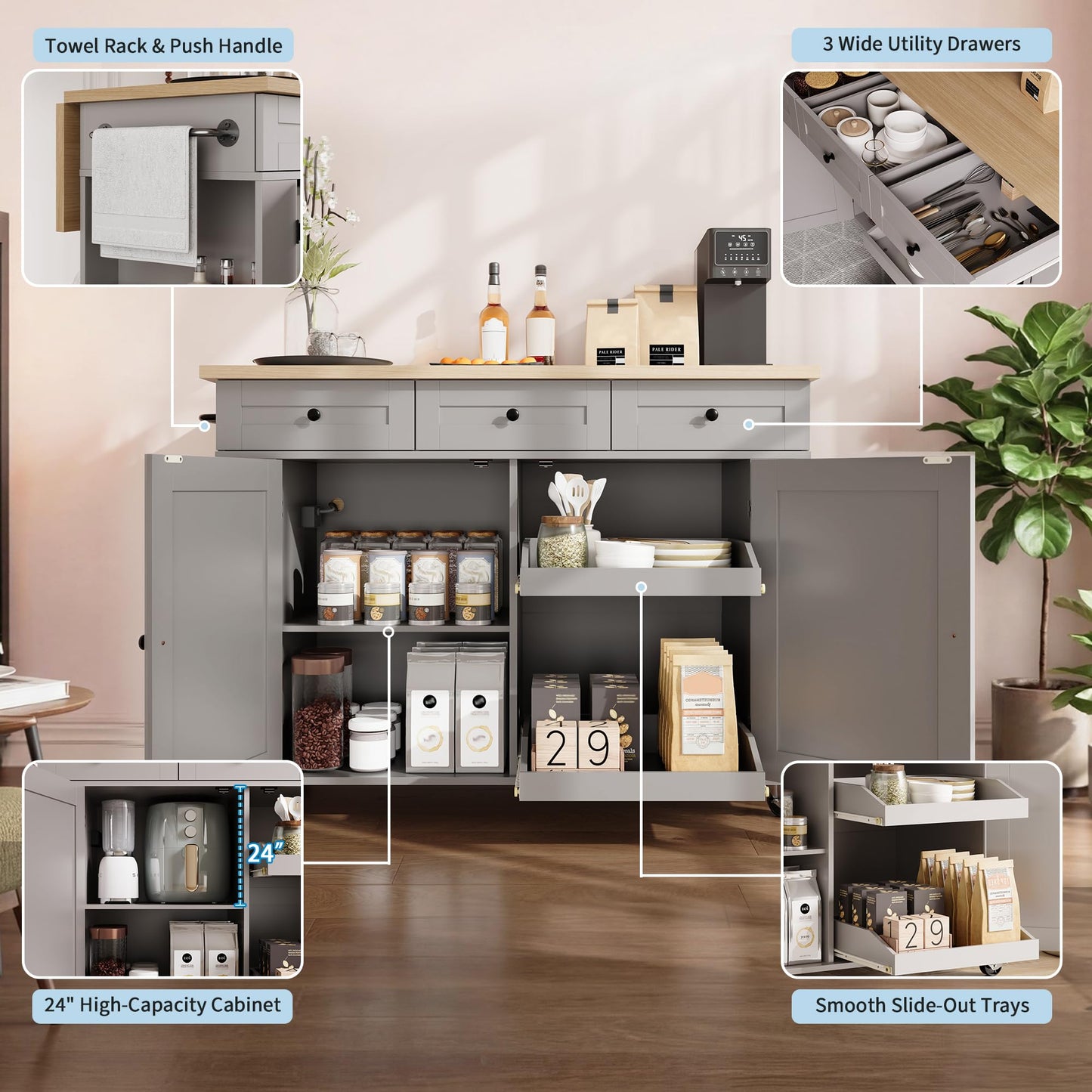 GarveeHome Rolling Kitchen Island with Drop Leaf Countertop, Charging Station & Ample Storage - 47.2 in Mobile Kitchen Cart On Wheels with Pull-Out Shelves, Drawers, Spice Rack & Organizer Divider