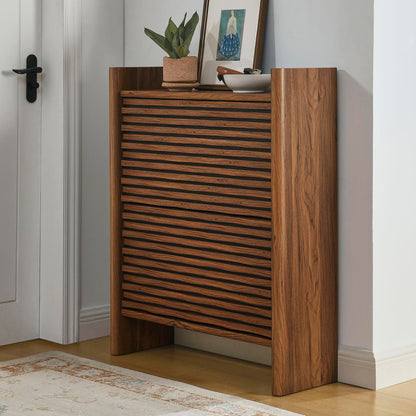 Modway Emric 35 Inch Wave Shoe Storage Cabinet in Walnut – Modern Slatted Front Shoe Rack Cabinet with 2 Flip Drawers for Entryway, Hallway, or Bedroom