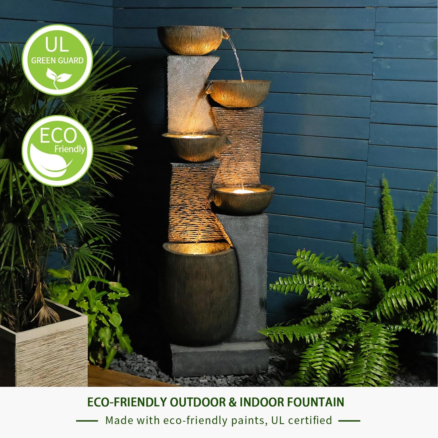 Bumilgar 51.4" H Outdoor Garden Water Fountain for Garden, Patio, Backyard, Deck, Porch and Home Art Decor, 5 Tiers Modern Cascading Large Outdoor Fountain with Lights