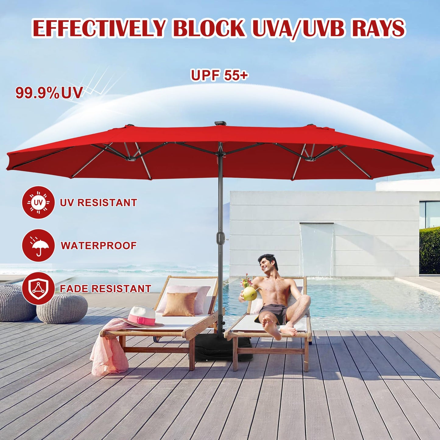 Sundale Outdoor Solar 15 ft 144 LED Olefin 5-Year-Non-Fading Patio Umbrella with Sandbag Base Included and Cover, Outdoor Double-Sided Umbrella with Lights, Red