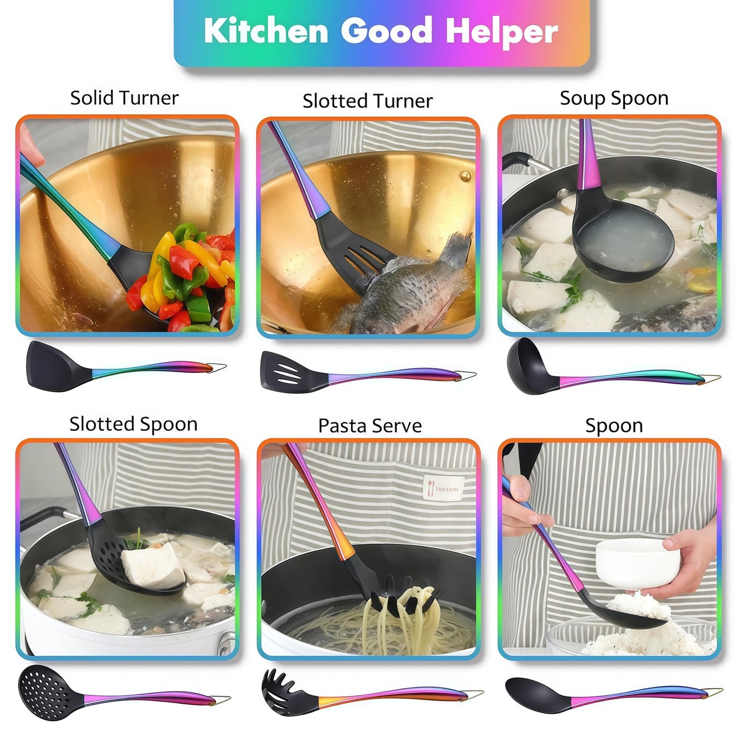 Silicone Cooking Utensils Set, 17pcs Kitchen Utensil Set with Rotatable Holder, Heat-Resistant Silicone Utensils for Cooking, Non-Stick Spatula Set with Stainless Steel Handle,Turner,Ladle (Rainbow)