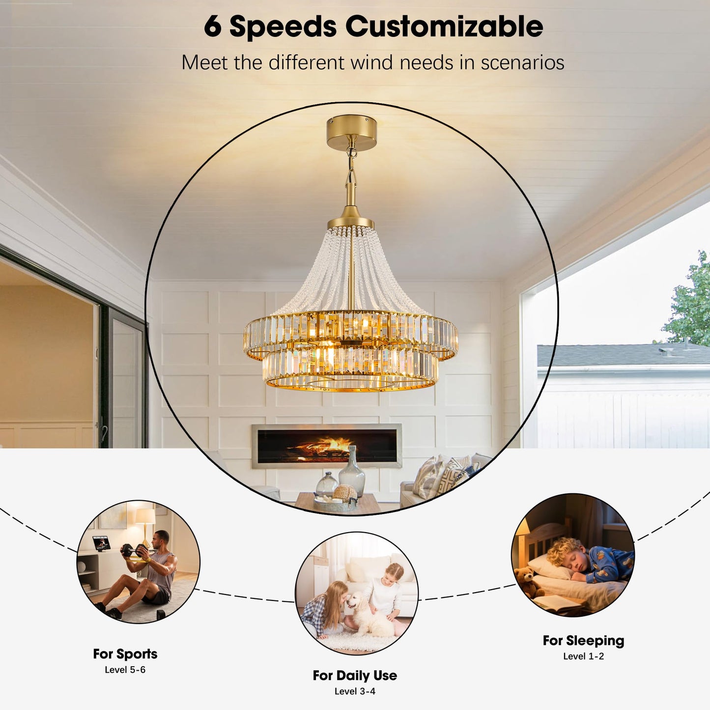 LVYEAYOU 24“ Modern Crystal Chandelier Ceiling Fan with Lights, Remote & App Control, 6-Speed Reversible Large Fandelier, Double Layer Design for Bedroom, Living Room (Luxury Gold)