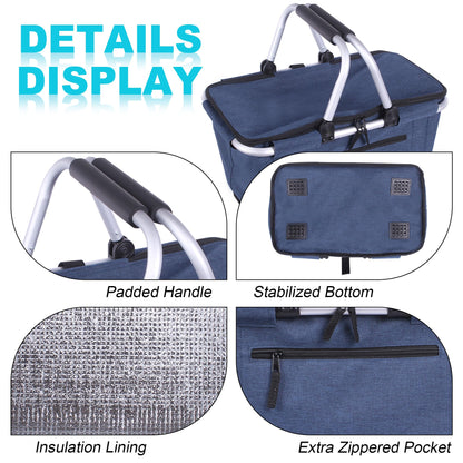 Picnic Basket, SIYUAN Collapsible Shopping Basket with Lid 27L Large Market Basket with Handles Reusable Folding Grocery Basket Insulated Cooler Bag for Picnic Travel, Blue