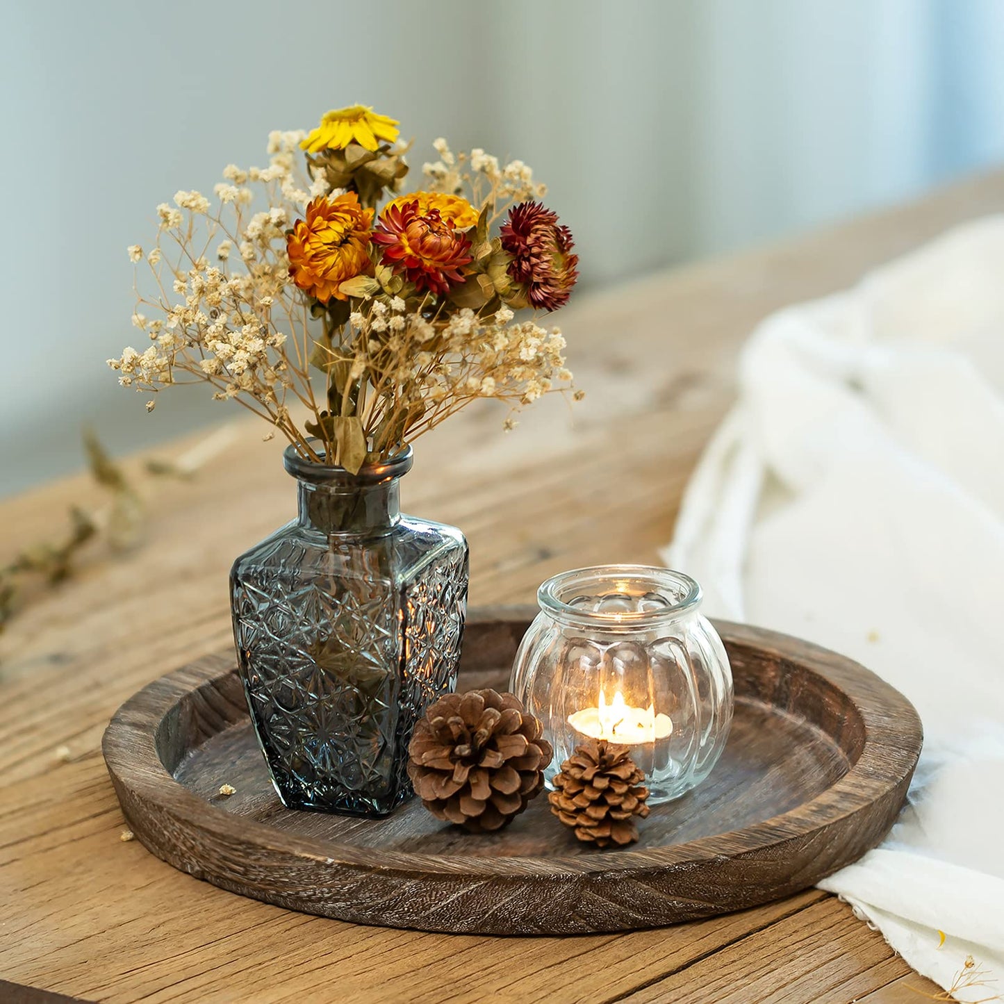 Romadedi Farmhouse Wooden Candle Tray - 11 Inch Round Decorative Trays for Coffee Table Dining Centerpiece Kitchen Counter Candle Holder Wood Trays for Christmas Rustic Home Decor