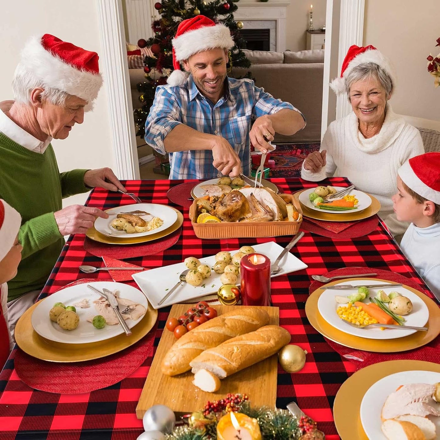 Breling Christmas Buffalo Plaid Table Cover, Red and Black Lumberjack Checkered Tablecloth, Disposable Tablecloth for
