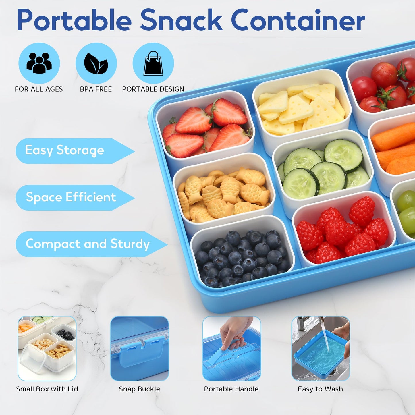 Snackle Box Container for Adults with 9 Compartment, Divided Serving Tray Snack Box Containers with Lid and Handle, Charcuterie Boxes Portable Snack Platter for Fruit Veggie Party Travel, Blue