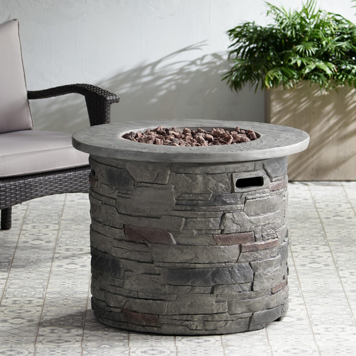 YOPTO Outdoor 32" Round Propane Fire Pit Table,40,000 BTU,MgO Stone Finish with Lightweight Concrete and Natural Stone Finish,Patio Heater for Garden Backyard Deck,Rain Cover,Stone Gray