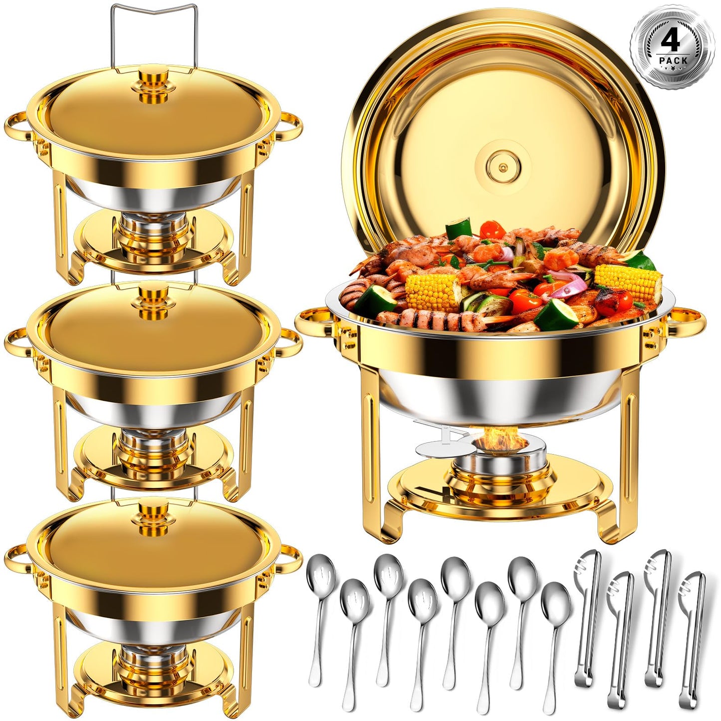 Keyoxy Round Chafing Dishes for Buffet 5 Qt,High Grade Chafing Dish Buffet Set with Stainless Steel Lid & Lid Holder,Full Size Pan,Food Warmers for Parties,Buffet,Wedding, Birthday 4 Pack (Gold)