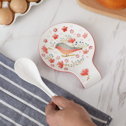 Magclay Hand Painted Spoon Rest, 5.5" Ceramic Spoon Holder for Stove Top and Kitchen Counter, Red Spring Bird Utensil Rest, Great Cooking Gifts for Bird Lover/Friend, Modern Kitchen Decorative