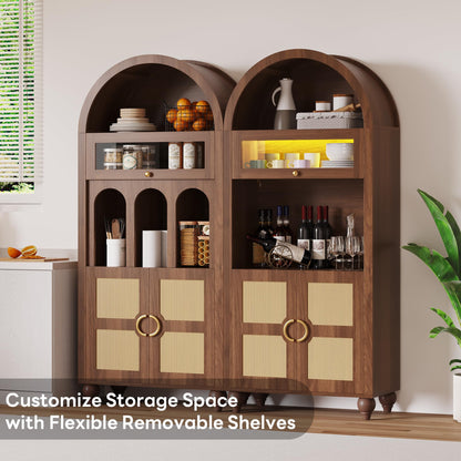 LIKIMIO 72.8" Tall Arched Cabinet, 5-Tier Bookshelf, LED Light Display Cabinet with Glass Doors, Rattan Storage Pantry with Adjustable Arch Shelf for Kitchen, Living Room, Office, Walnut