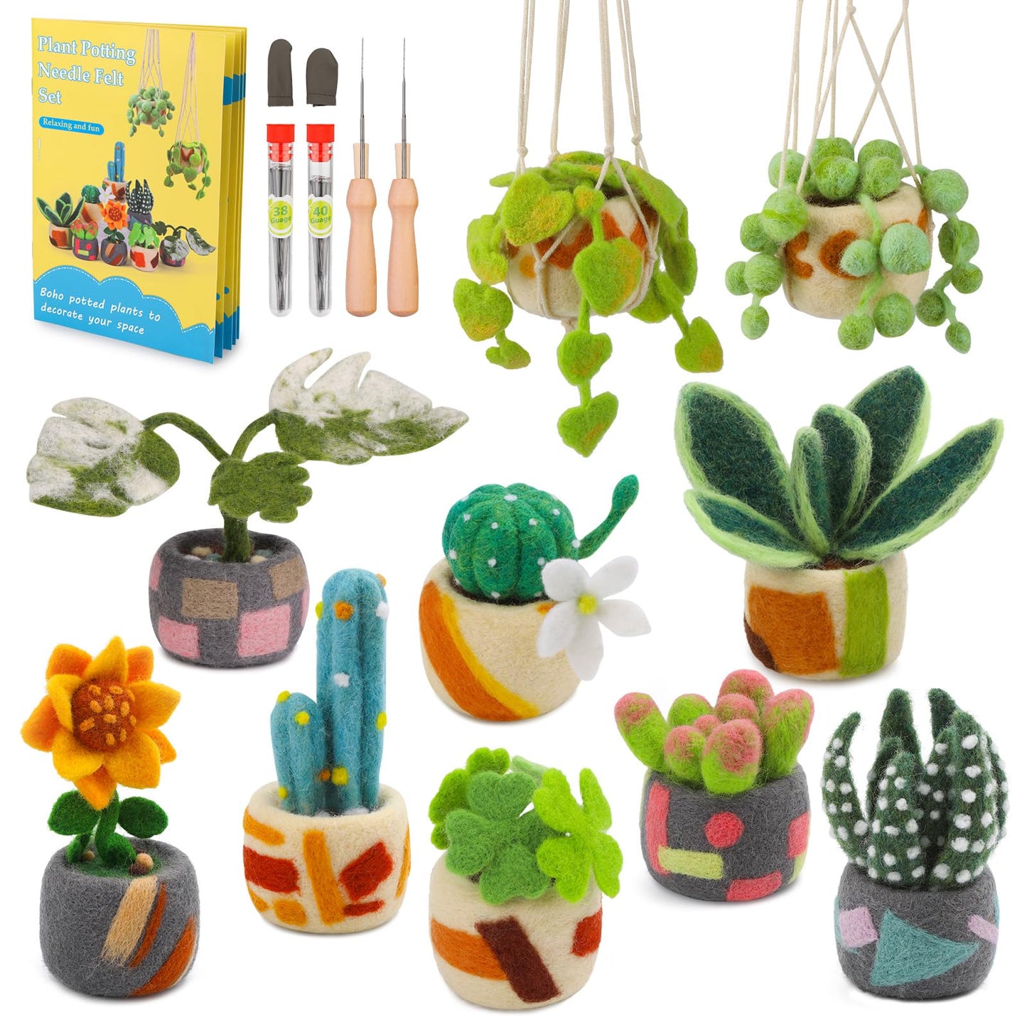 OEHPICC Needle Felting Kit - 10 Pack Plant Pot Needle Felting Starter Kit, Felting Kits with Basic Felt Tools, Clear Instructions for Beginner Adult Craft Kit, DIY Craft Plant Decor Present