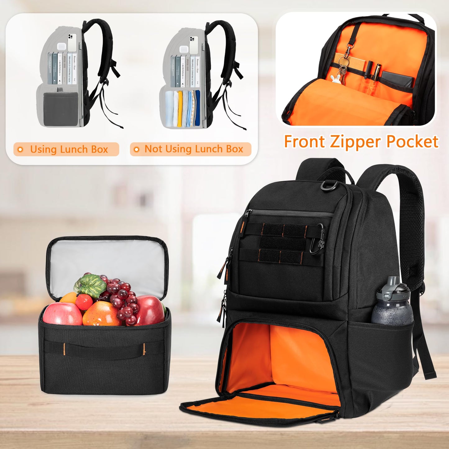 BAFASO Tactical Lunch Box for Women & Men, Lunch Backpack with Insulated Cooler Bag and 17 Inch Laptop Sleeve, Black