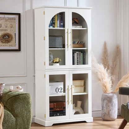 Joaxswe 72" Tall Bookshelf with 4 Curved Glass Doors, Farmhouse Bookcase with 3-Tier Adjustable Shelves, Modern Living Room Display Cabinet, Large Storage Cabinet for Home Office,Dining Room, White