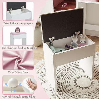 Merax Vanity Desk with Mirror and Lights, Pink Makeup Vanity Set with 9 LED Bulbs and Power Outlet, 6 Storage Drawer & Shelves, Dressing Table Set with Pink Vanity Stool for Girls & Women