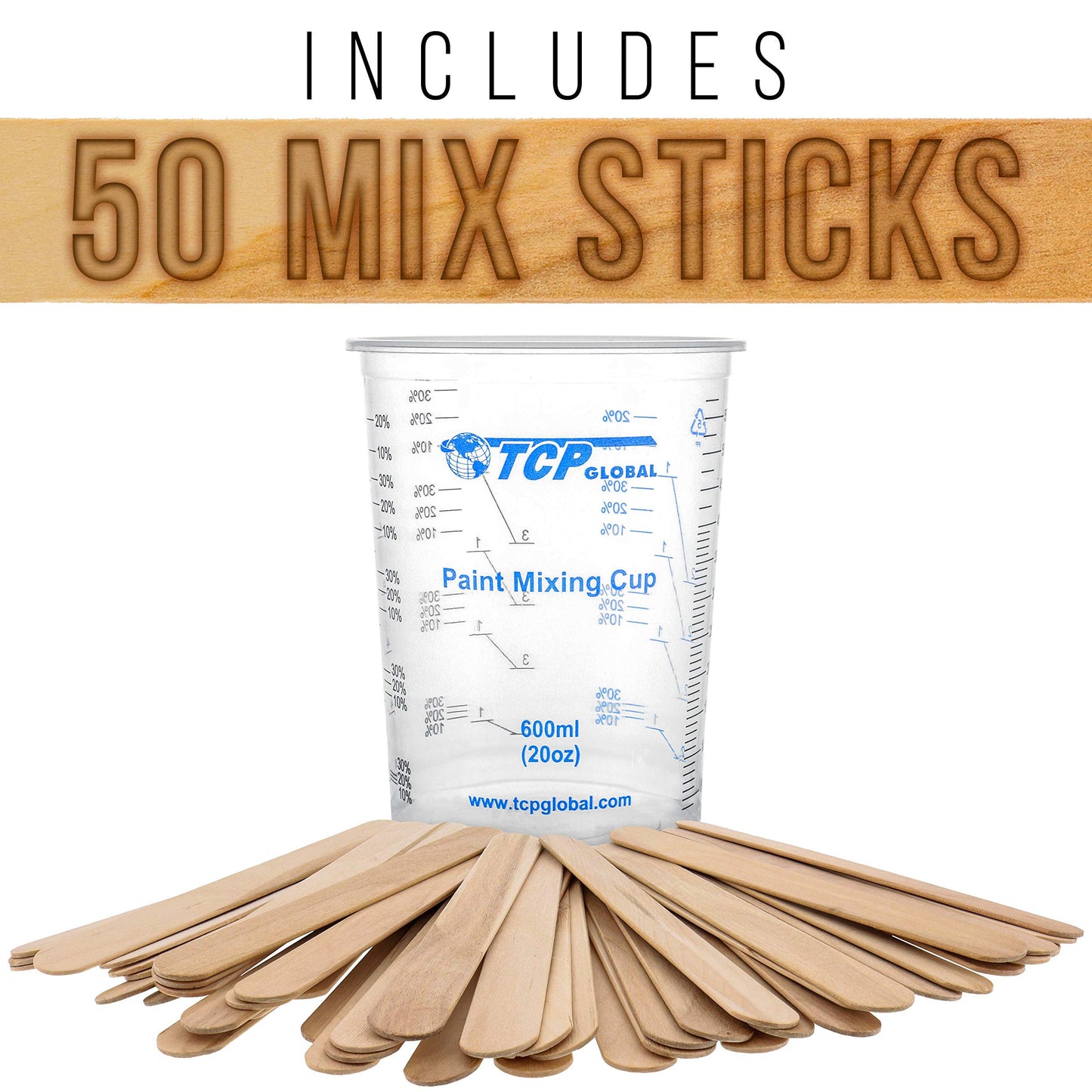 TCP Global 20 oz. (600ml) Graduated Plastic Mixing Cups - Box of 50 with 50 Mixing Sticks - Disposable Plastic Measuring Cups for Liquids, Paints, Resin, Epoxy, Art, Kitchen - Ratios 2-1, 3-1, 4-1 ML