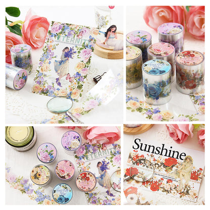 DAPUTOU 6 Rolls PET Washi Tape 50mm Wide Flowers Transparent Ephemera Light Decorative Aesthetic Floral Stickers Set for Junk Journaling, Scrapbook Supplies, Crafting, DIY Projects