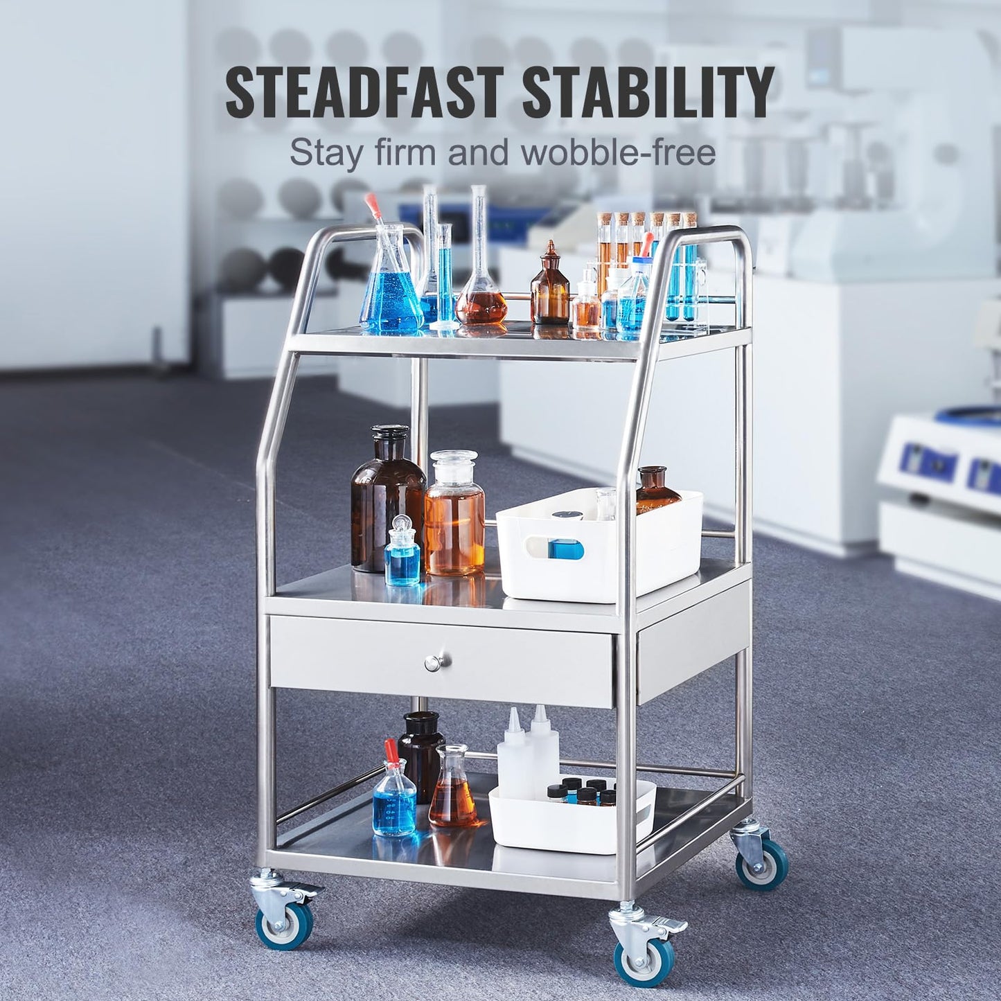 Happybuy Lab Serving Cart, 3-Tier Stainless Steel Utility Rolling Cart with Drawer, Medical & Dental Cart with Lockable Wheels, for Laboratory, Hospital, Clinic Use