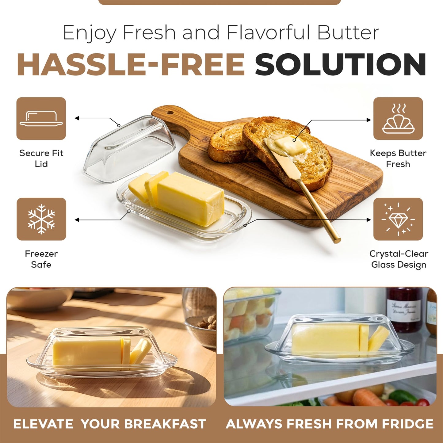 Kangaroo Decorative Clear Glass Butter Dish with Lid for Countertop & Refrigerator - Crystal Covered Butter Tray Storage Container Holder for Counter & Fridge - Best Thanksgiving Butter Dish with Lid