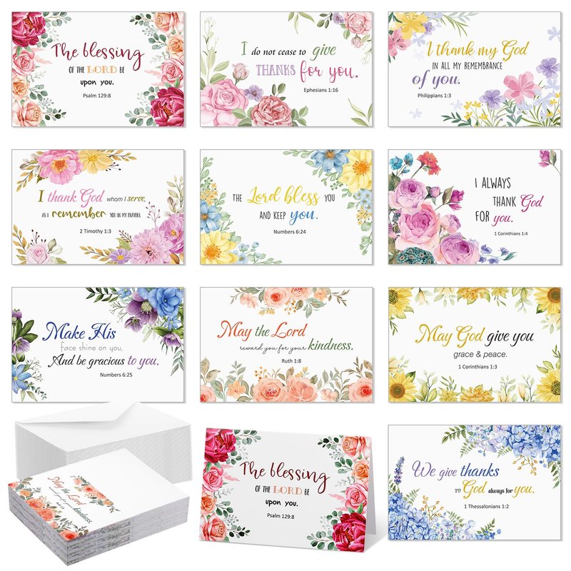 Affrolling 50 Pack Spring Religious Christian Thank You Cards Bulk with Scripture Envelopes Stickers Bible Verse Greeting Cards Encouragement Inspirational Baptism Notes 4x6 Inch, Watercolor Flower
