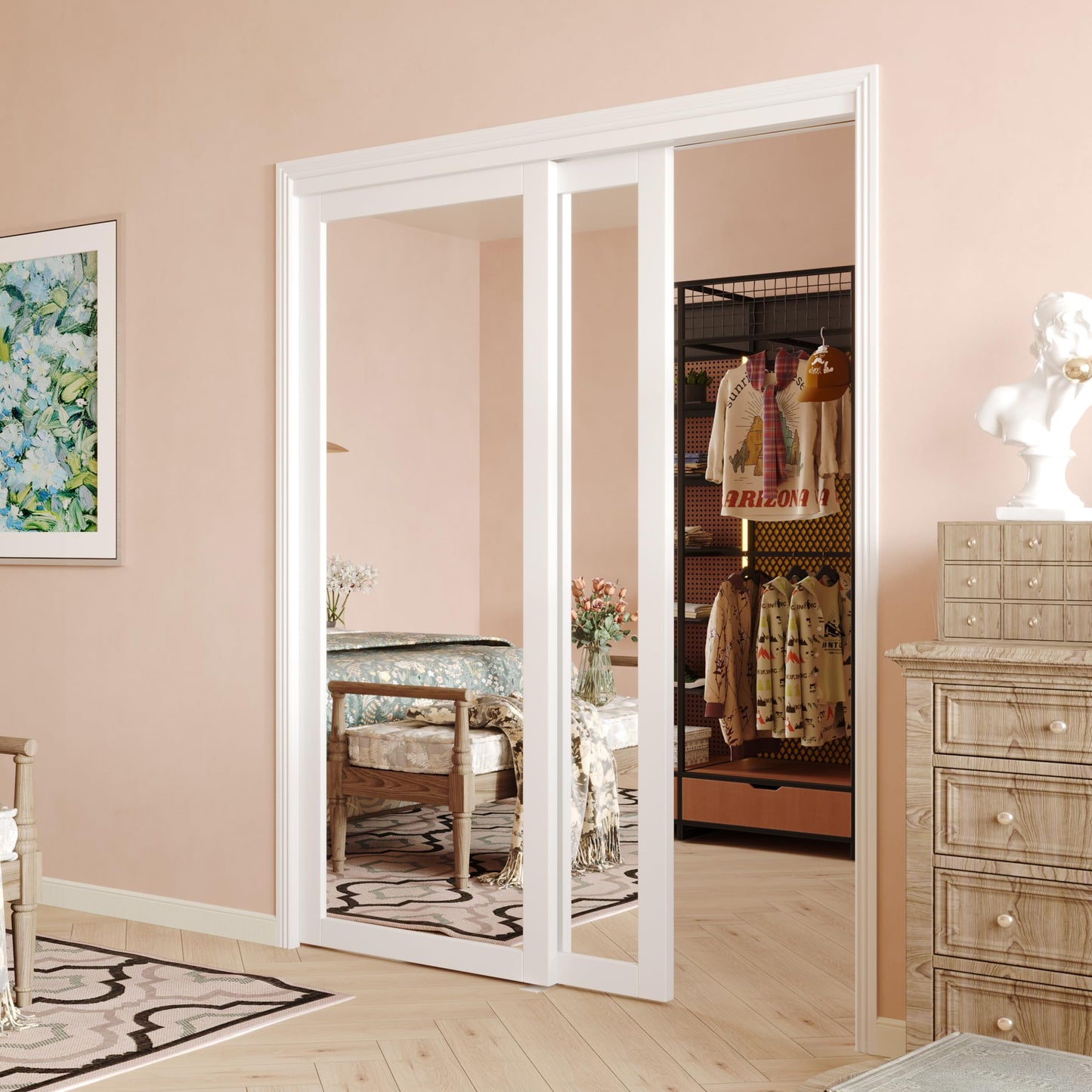 SOLRIG Closet Doors, 60"(Double 30.98") x 80" Mirror Closet Doors,1-Lite Mirror Sliding Door with Hardware Track Kit & Floor Guide, Finished Doors 2 Panels, MDF, White
