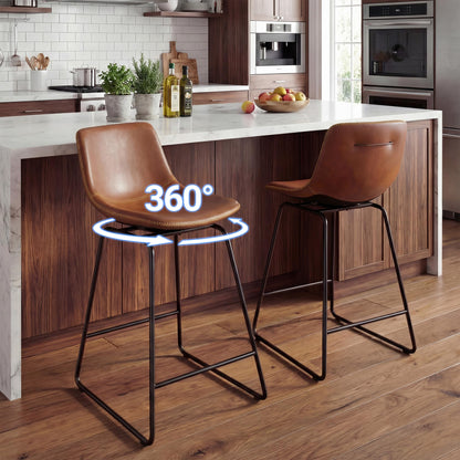 Mistpople Swivel Counter Bar Stools - 26 Inch Counter Height Barstools Set of 6 with Back and Footrest, Modern Faux Leather Armless Bar Chairs with Metal Legs for Kitchen Island, Dining (Brown)
