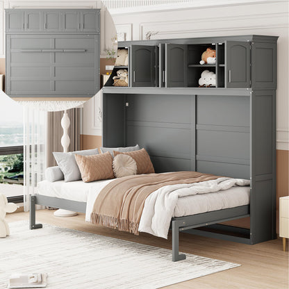 Merax Modern Murphy Cabinet Bed with Top Cabinets, Solid Wood Wall Platform Bed/No Box Spring Needed/Easy Assemble Full,Gray