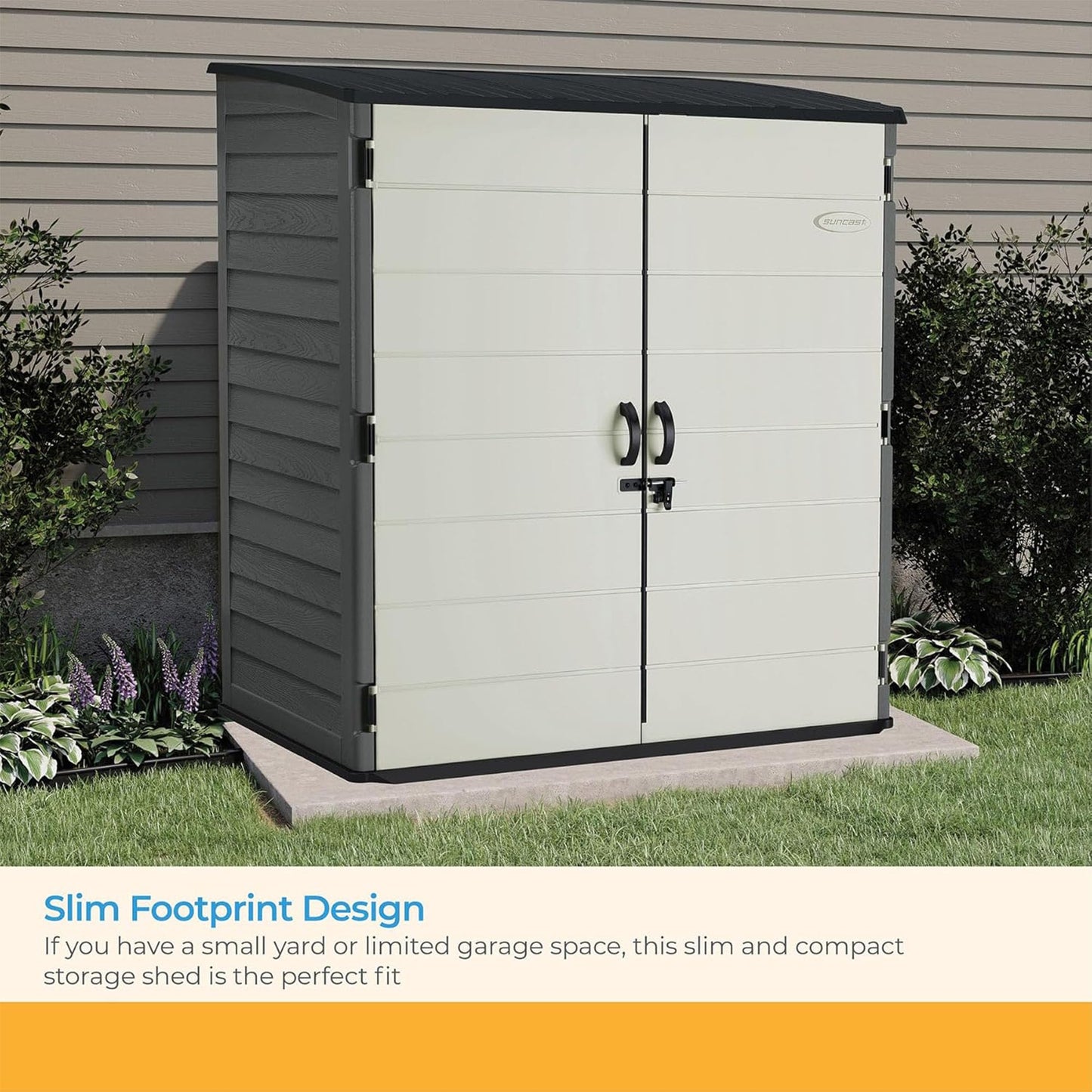 Suncast 106 Cu Ft Extra Large Vertical Outdoor Storage Shed - Resin Shed & Outdoor Storage with Floor and Lockable Double Doors, Weatherproof for Garden Tools, Pool Equipment, & Patio Cushions