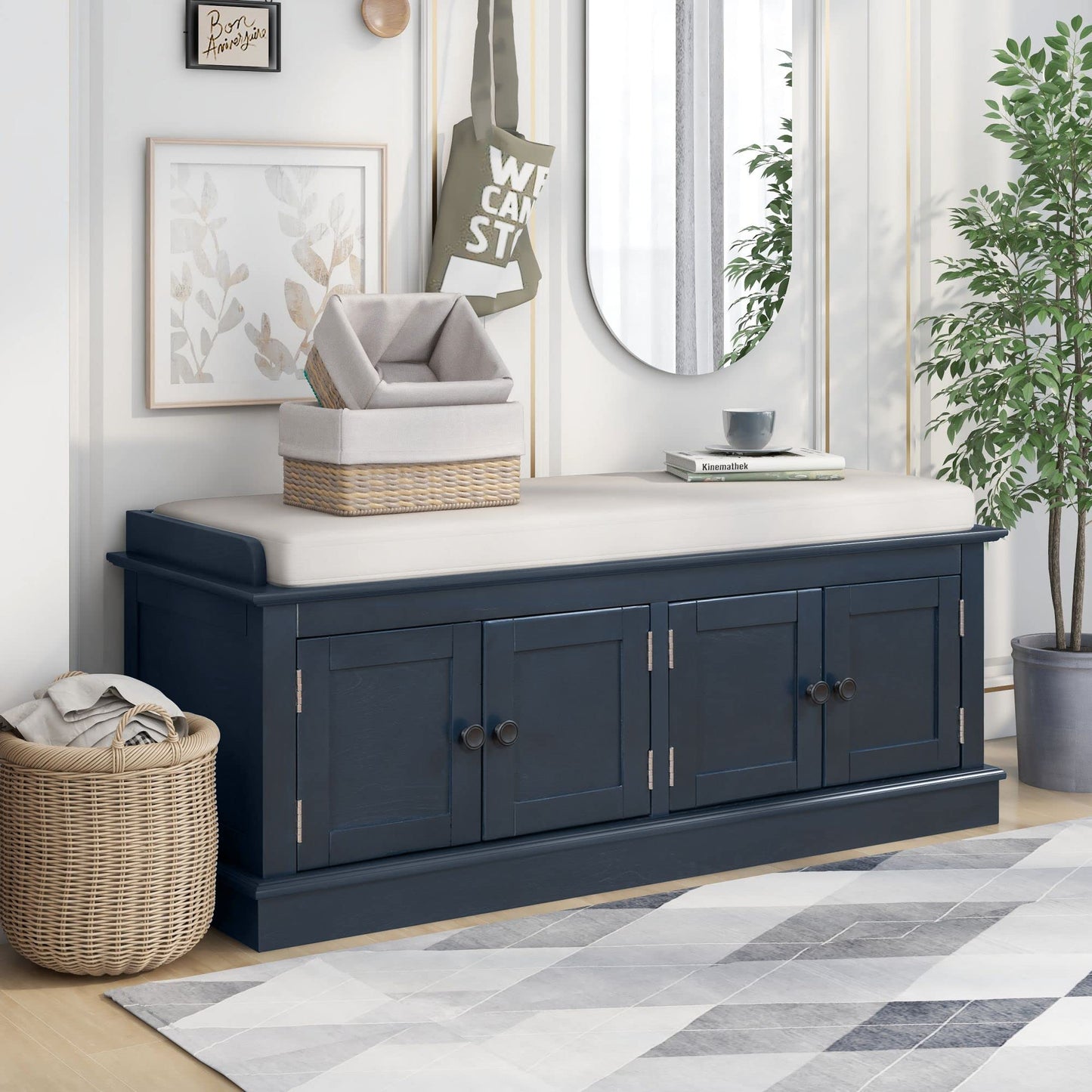 Merax Farmhouse Solid Wood Storage Bench with 4 Doors and Seat Cushion Shoe Cabinets for Entryway Hallway Front Door Antique Navy