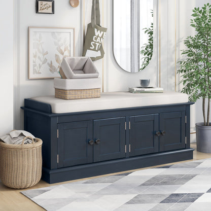 Merax Farmhouse Solid Wood Storage Bench with 4 Doors and Seat Cushion Shoe Cabinets for Entryway Hallway Front Door Antique Navy