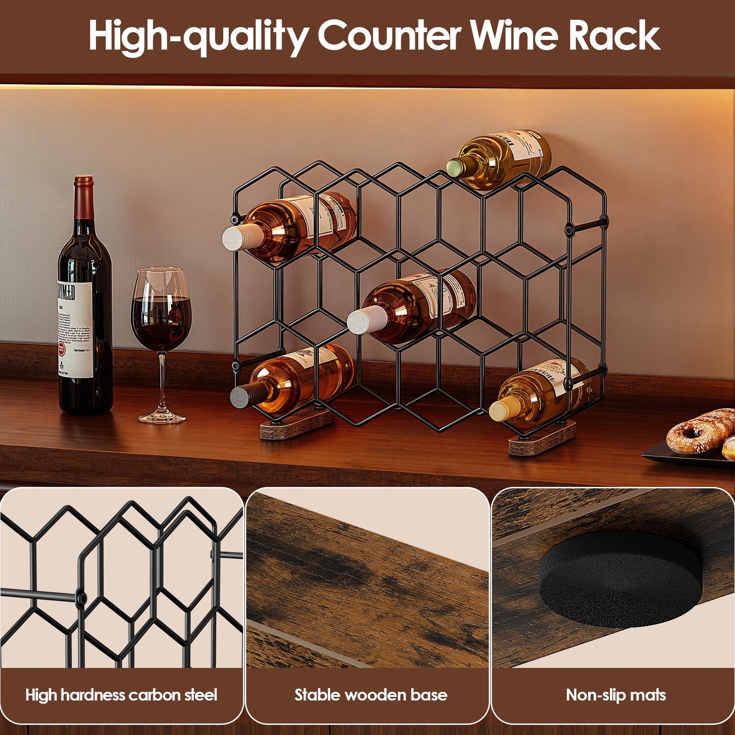 Nuovoware Countertop Wine Rack, 14-Bottle Freestanding Modern Carbon Steel Holder Hexagonal Structure, 3 Tier Tabletop Wine Bottle Organizer Storage for Cabinet, Pantry, Black+Retro Brown