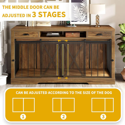 DWVO 63 Inch Double Dog Crate Furniture for 2 Dogs, Heavy Duty Wooden Dog Crate TV Stand with Charging Station, Dog Kennel Indoor Furniture Double Sliding Barn Door Design Ideal for 2 Dogs, Oak